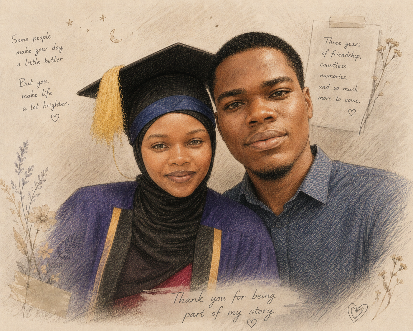 A hand-drawn pencil sketch of Reezqah in her graduation cap and gown standing beside her best friend, surrounded by pressed flowers, small stars, and handwritten notes reading 'three years of friendship, countless memories, and so much more to come' and 'thank you for being part of my story' — a memory imagined and drawn rather than photographed.